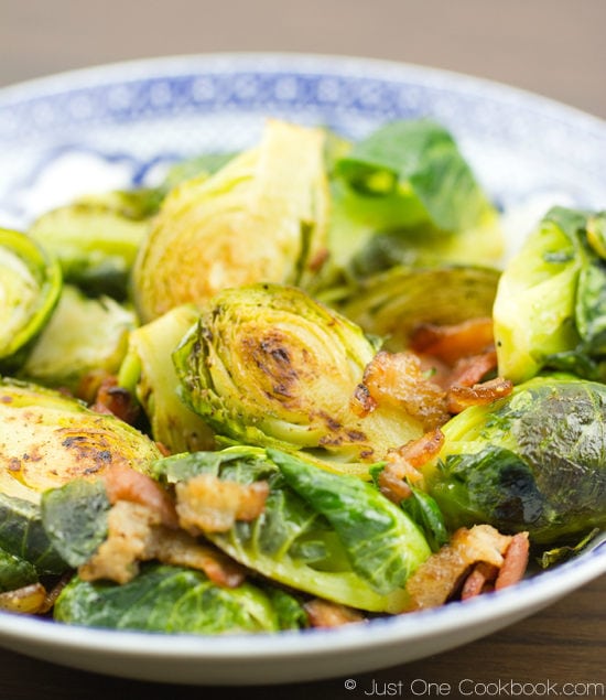 Brussels Sprouts with Bacon and Thyme on a plate.