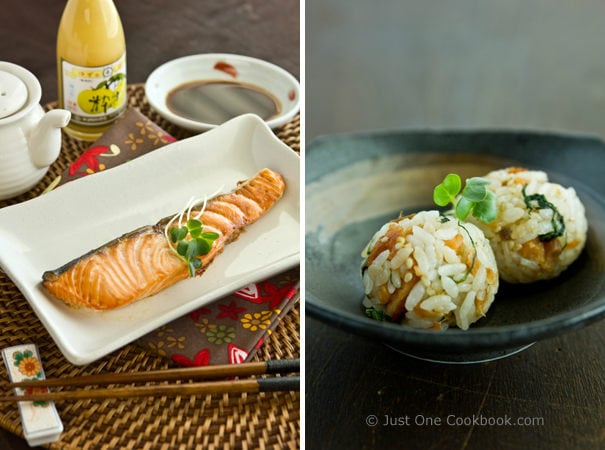 Broiled Salmon & Salmon Onigiri (Rice Ball) on a table.