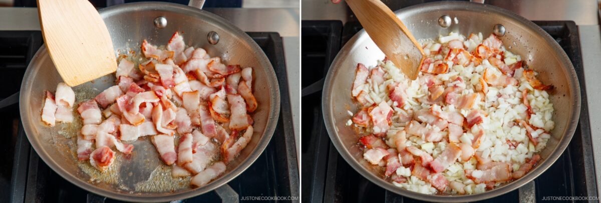 Two side-by-side photos show a metal frying pan on a stove. The left image has sliced bacon cooking, and the right shows chopped onions added—both being stirred with a wooden spatula, making the base for a delicious tomato bacon pasta.