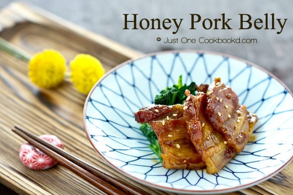 Honey Pork Belly Recipe | JustOneCookbook.com Honey Pork Belly and spinach in a bowl.