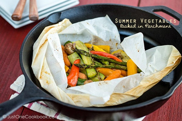 Summer Vegetables Baked in Parchment | Easy Japanese Recipes at JustOneCookbook.com Summer Vegetables in a Parchment paper.