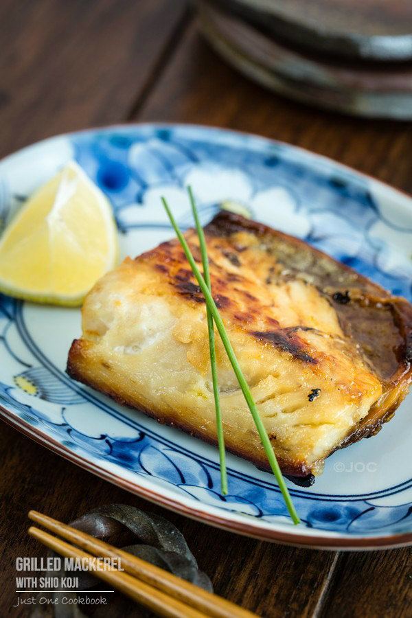 Grilled Mackerel with Shio Koji on a plate.