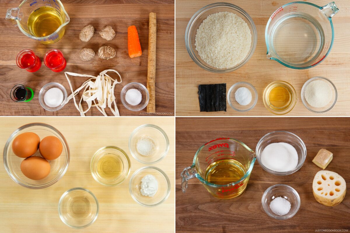 Four sections display chirashi sushi ingredients on wooden surfaces: Top left, sauces, ginger, and root. Top right, rice, water, kelp, sugar, and salt. Bottom left, eggs and small bowls of liquids. Bottom right, oil, sugar, lotus root, and broth cube.