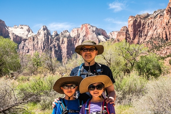 Just One Cookbook family on the Pa'rus Trail with Towers of the Virgin in the background - Zion National Park Travel Guide | justonecookbook.com