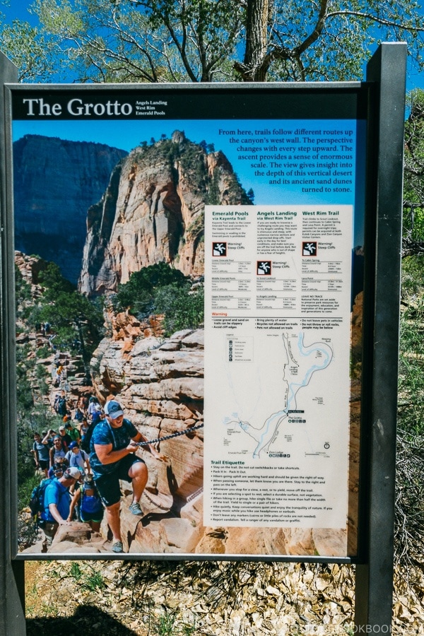 sign of various trail options near The Grotto - Zion National Park Travel Guide | justonecookbook.com