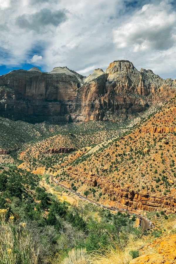 view of Zion Canyon from Zion Mt Carmel Hwy - Zion National Park Travel Guide | justonecookbook.com