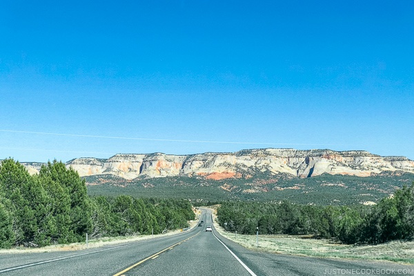 scenic view from Hwy UT-9 looking towards Mt Carmel Junction - Zion National Park Travel Guide | justonecookbook.com