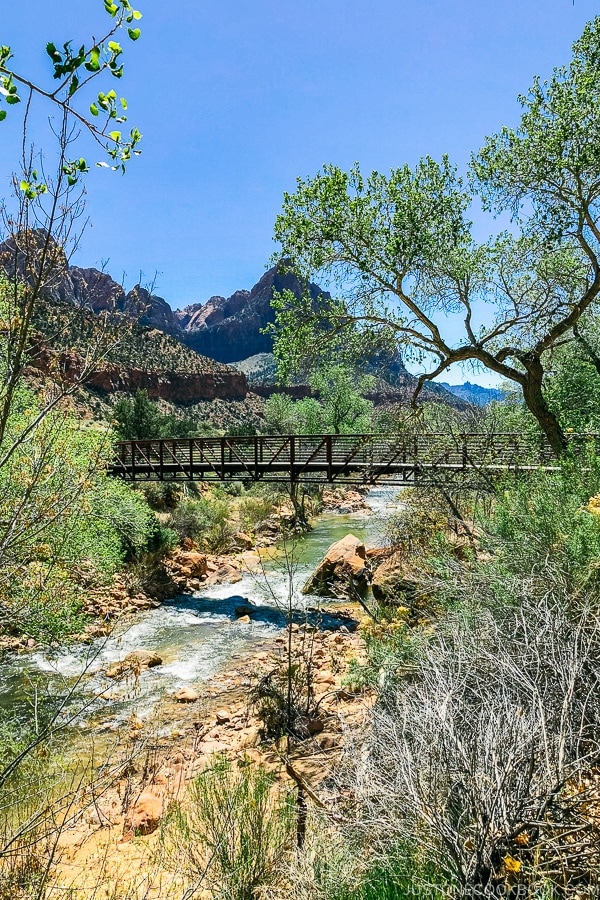 view of pedestrian bridge on Pa'rus Trail - Zion National Park Travel Guide | justonecookbook.com