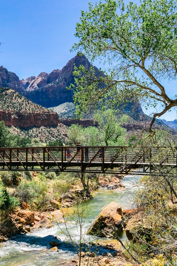 view of pedestrian bridge on Pa'rus Trail - Zion National Park Travel Guide | justonecookbook.com
