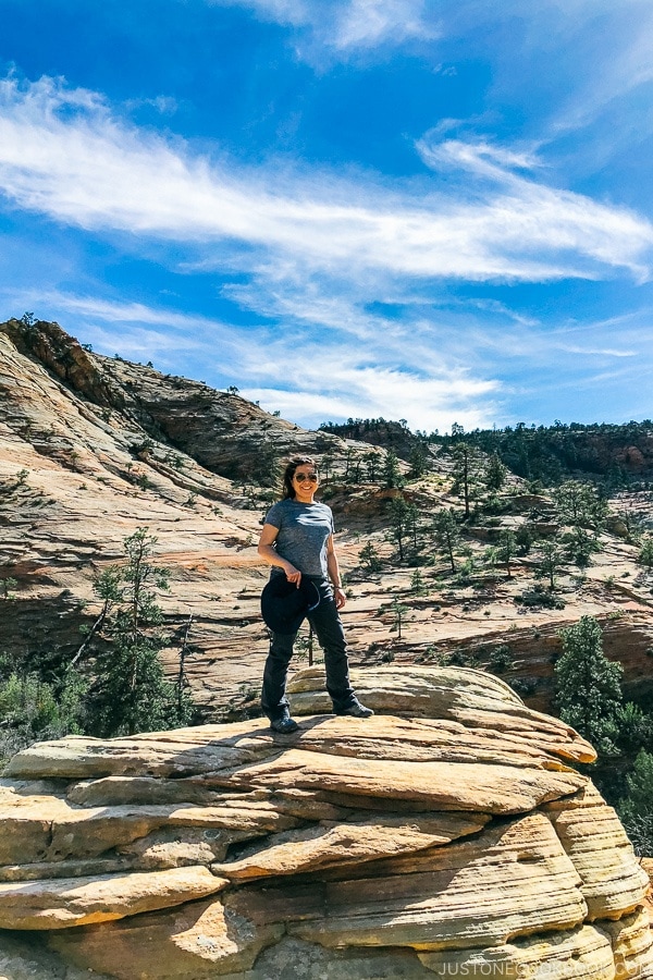 Nami standing on sandstone hills off Zion-Mount Carmel Highway - Zion National Park Travel Guide | justonecookbook.com