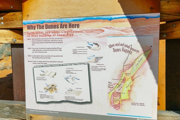 sign explaining the formation of sand dunes at Coral Pink Sand Dunes State Park | justonecookbook.com
