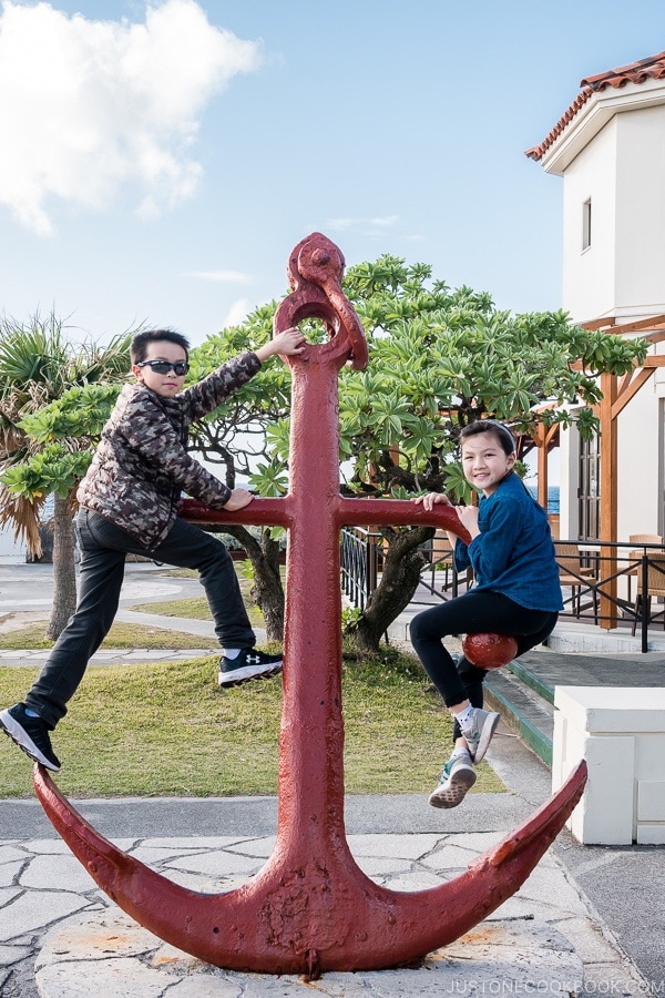 children climbing on an anchor at Busena Marine Park - Okinawa Travel Guide | justonecookbook.com