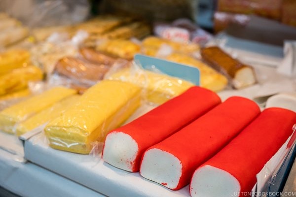 Japanese egg omelette and fish cake for sale at First Makishi Public Market - Okinawa Travel Guide | justonecookbook.com