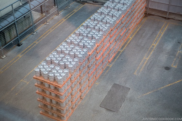 hundreds of kegs stacked on top of each other at Orion Happy Park - Okinawa Travel Guide | justonecookbook.com