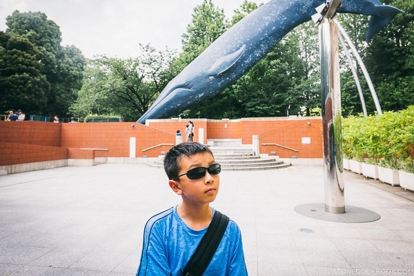 Just One Cookbook child in front of the whale statue - Tokyo National Museum of Nature and Science Guide | www.justonecookbook.com