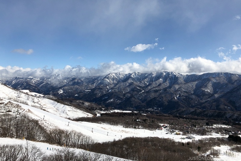 view of ski trail amd mountains from the gondola at Tsugaike Ski Resort - Hakuba Travel and Ski Guide | www.justonecookbook.com