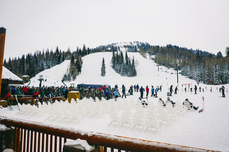 lawn chairs on snow in front of Silver Lake Lodge at Deer Valley - Ski Vacation Planning in Utah | www.justonecookbook.com
