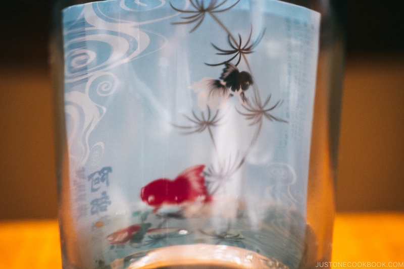  Abekan's gold fish label sake - Restaurant Den Tokyo | www.justonecookbook.com