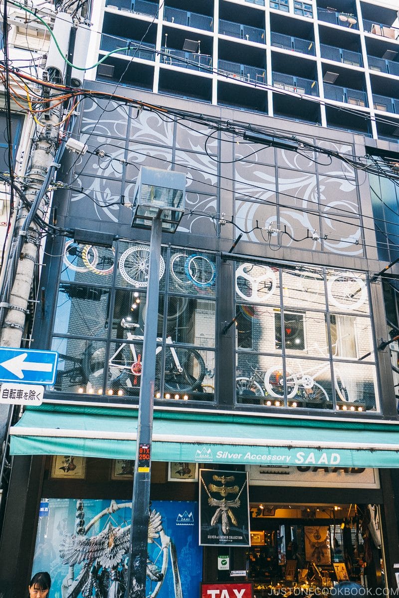 artistic designs on a bike shop building - Osaka Guide: Amerikamura & Shinsaibashi Shopping Street | www.justonecookbook.com