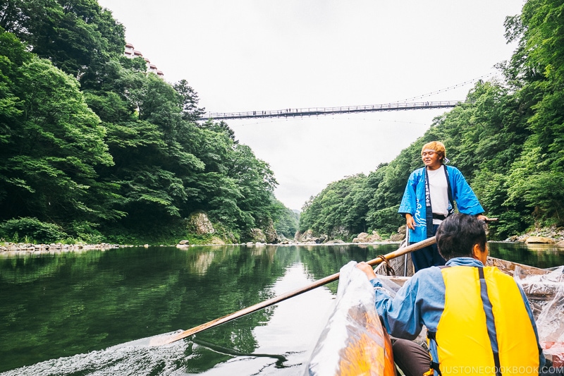 on the Kinugawa boat ride passing under suspension bridge - Nikko Travel Guide : Kinugawa Onsen | www.justonecookbook.com