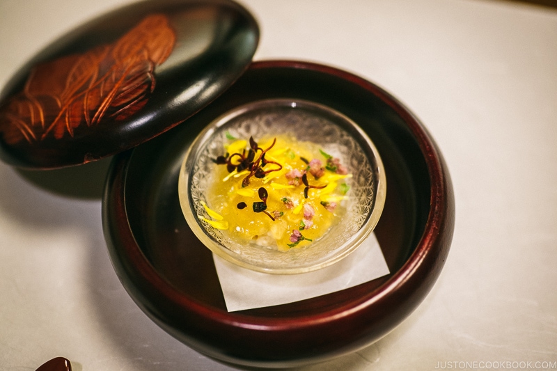 dashi jelly with yuba tofu skin at Hoshino Resorts KAI Nikko - Things to do around Lake Chuzenji | www.justonecookbook.com