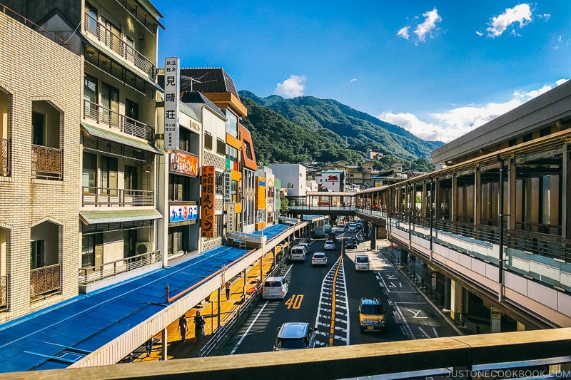 on the pedestrian walkway overlooking the main street - Hakone-Yumoto and Hakone Freepass Guide | www.justonecookbook.com