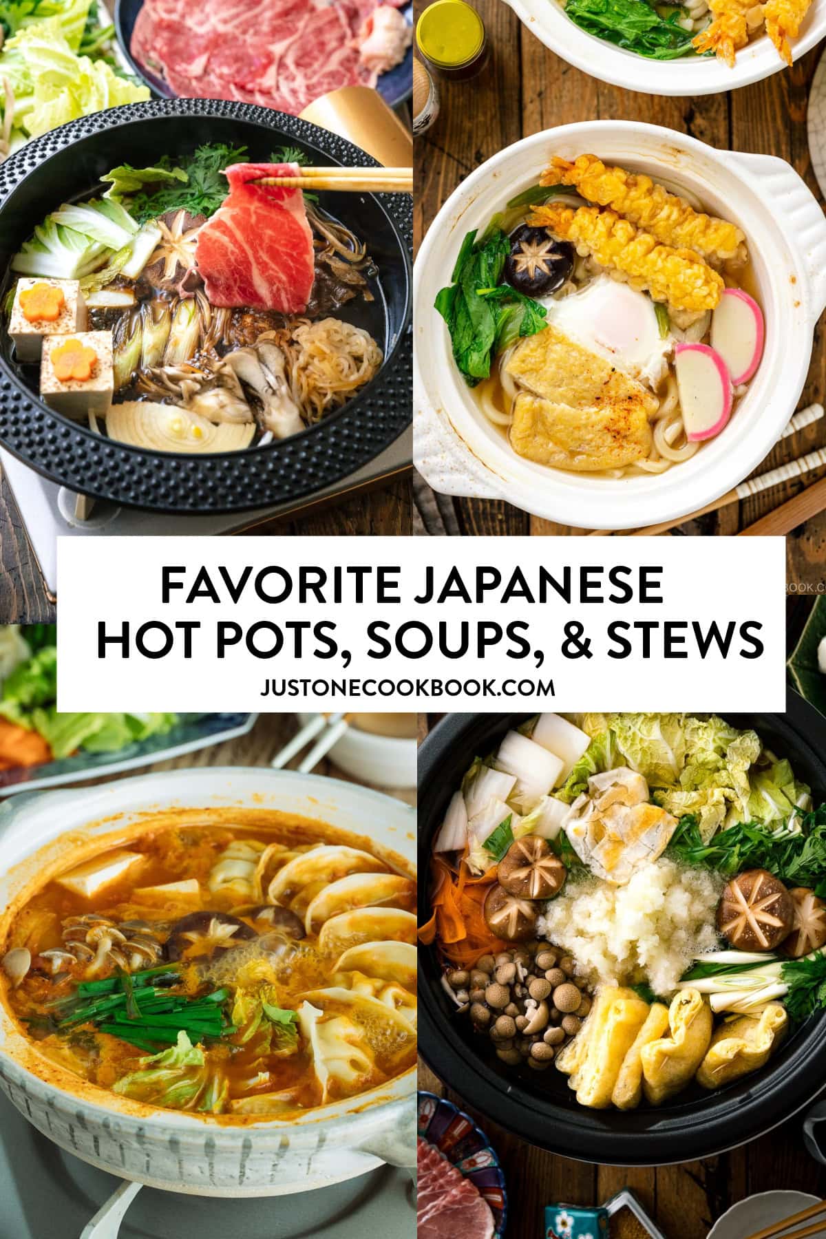 a collage of Japanese hot pots, soups, and stews