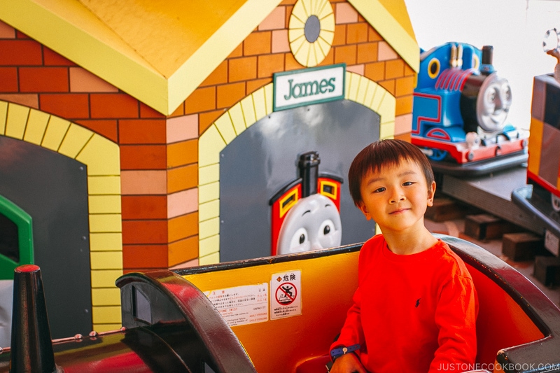 child sitting in train at Thomasland - Things to do around Lake Kawaguchi | www.justonecookbook.com 