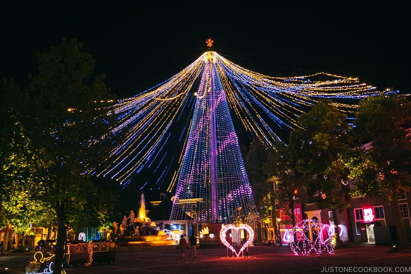 string lights hanging from a tower