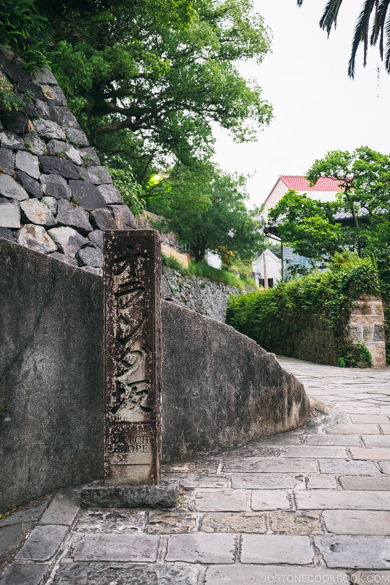 stone sign for Hollander Slope on cobblestone street