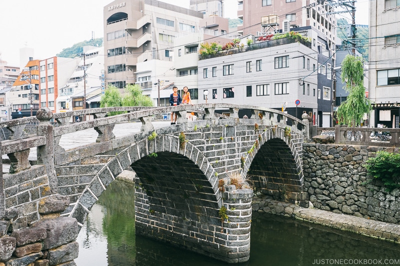stone bridge Meganebashi Bridge crossing a canal
