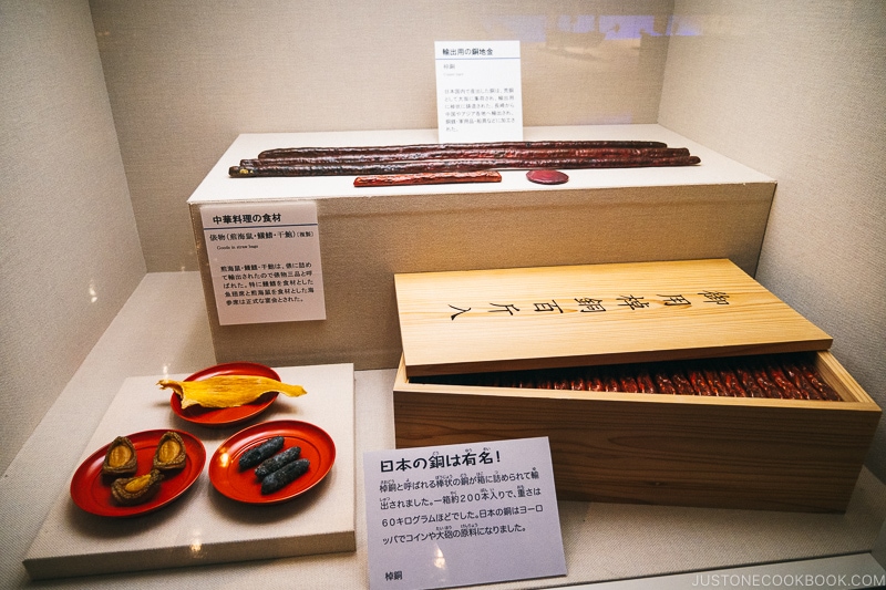 replica copper and food in a display case