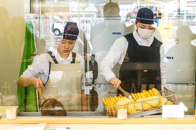 staff frying tempura at Kamaei Otaru