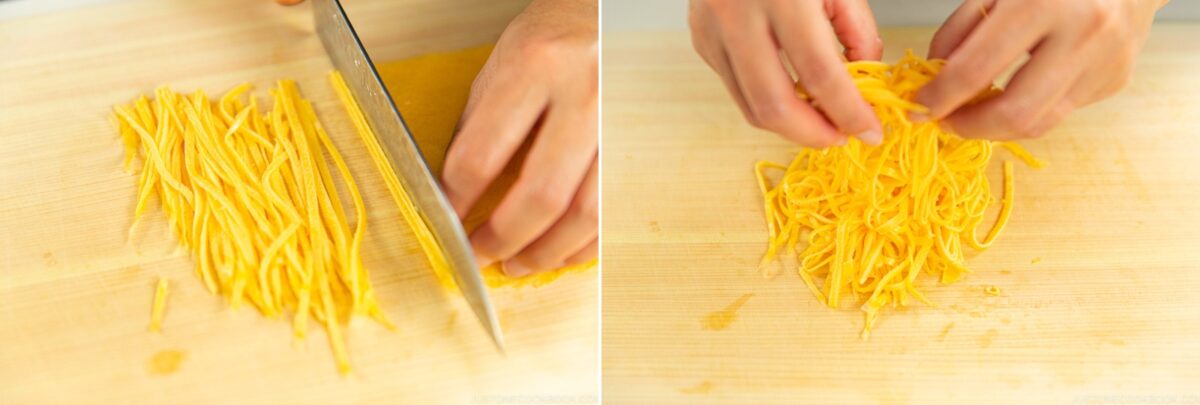 Two-panel image: On the left, hands slice yellow pasta dough into thin strips with a knife, resembling kinshi tamago. On the right, hands gather the cut pasta strands on a wooden surface.