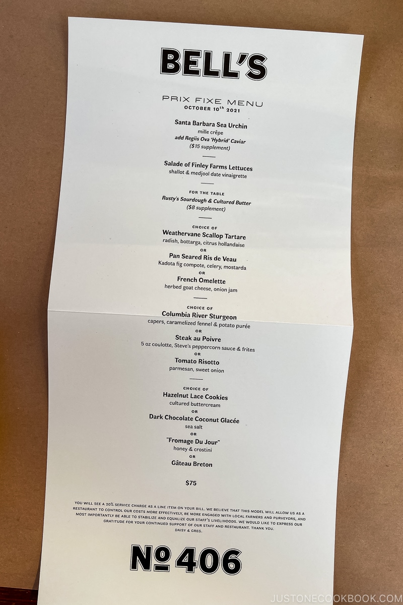 menu at Bell's Restaurant