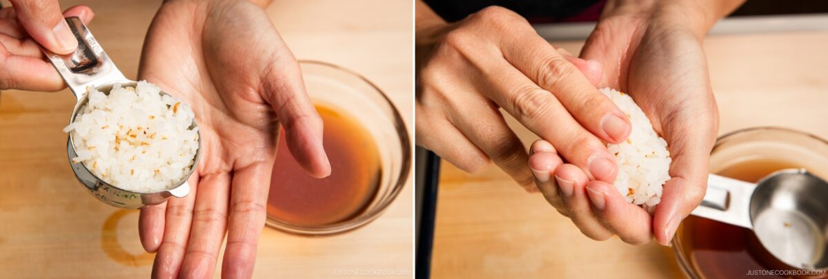 Two side-by-side images show hands scooping white rice from a measuring cup onto a palm, then shaping it into a ball for inari sushi. A bowl of sauce sits in the background on a wooden surface.