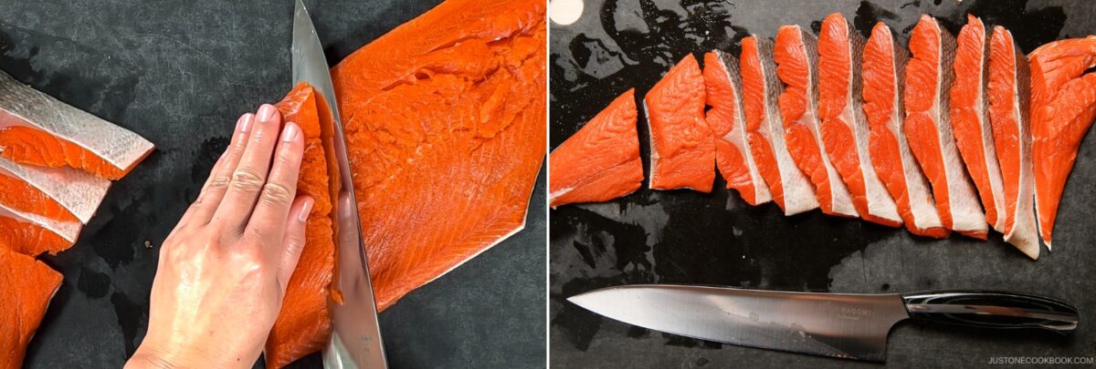 Left: A hand demonstrates how to cut salmon into Javanese style fillets with a chef’s knife on a dark cutting board. Right: Neatly arranged salmon slices and the knife rest on the same board.