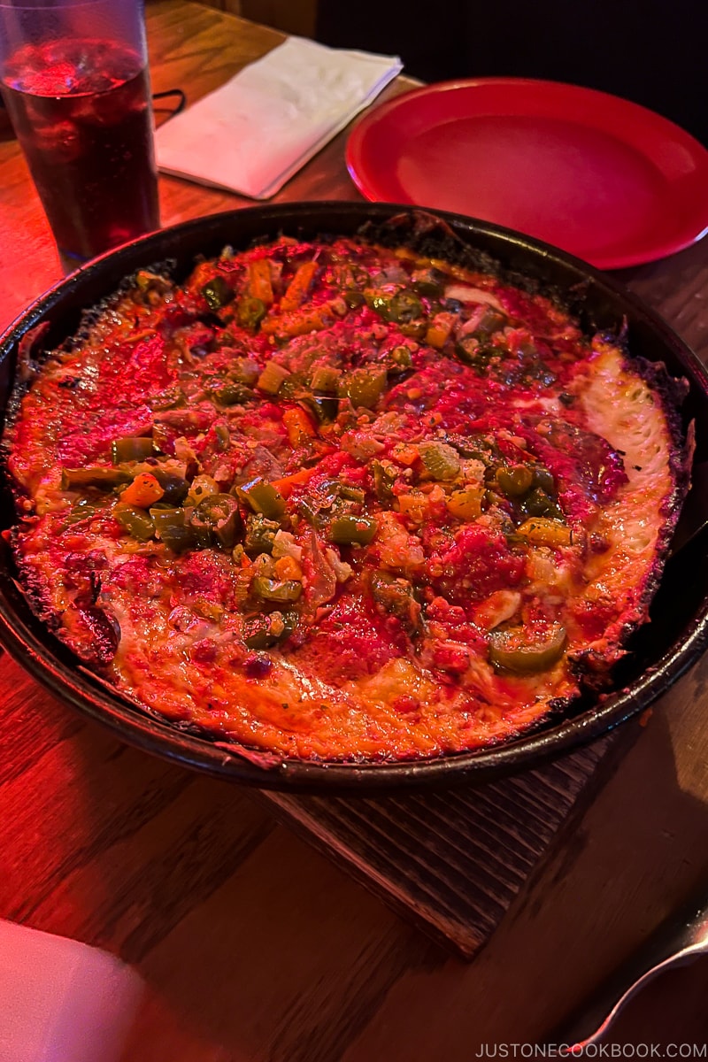 pizza on the table at Pequod's Pizza