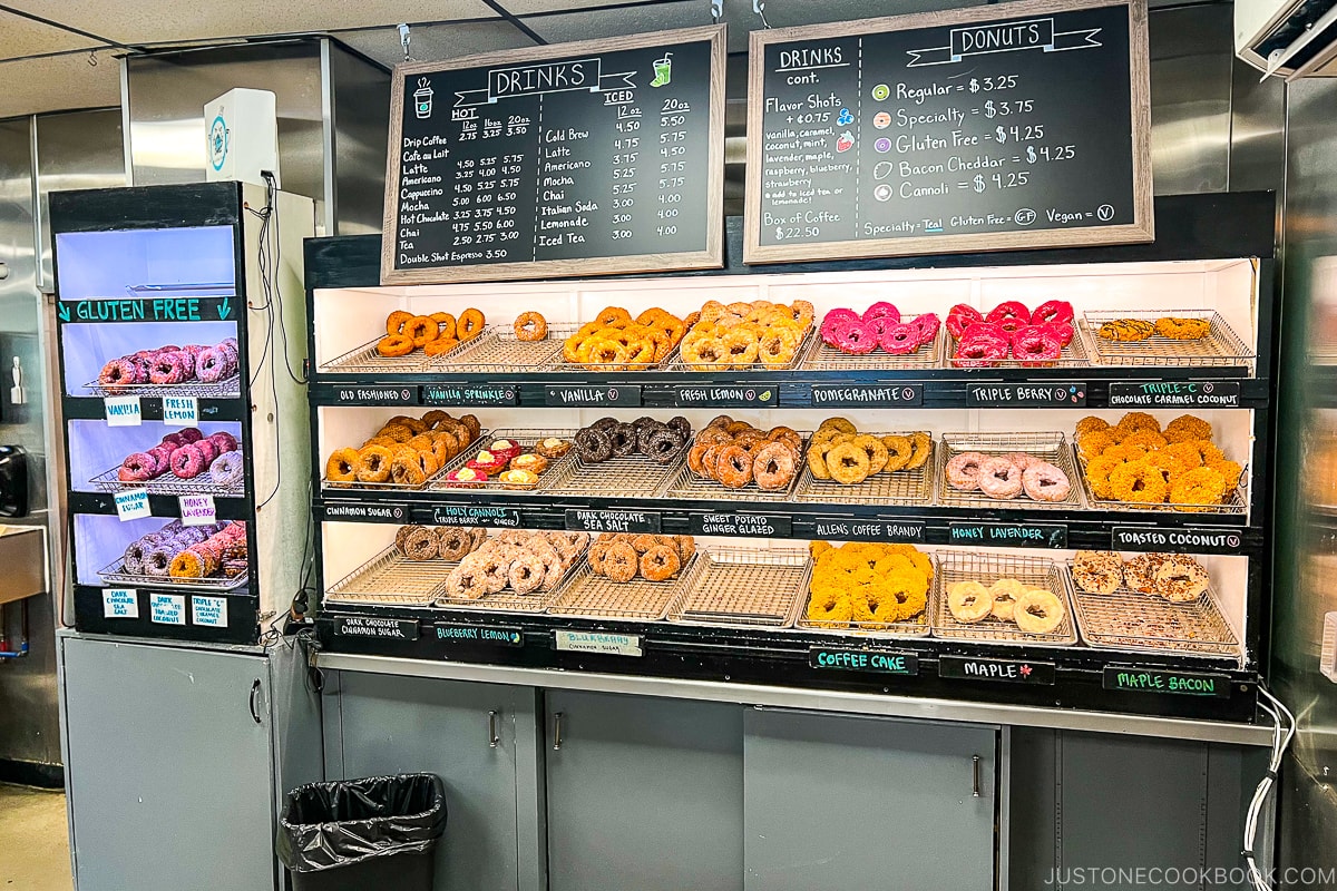 various flavors of donut on the shelf