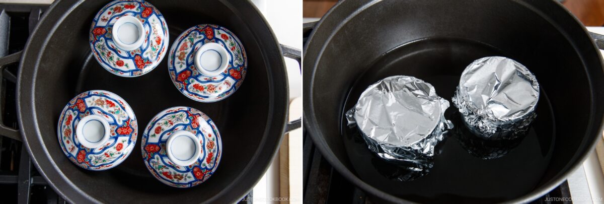 Left: Four small, colorful chawanmushi bowls placed upside down in a pot. Right: Two foil-covered dishes sit in a pot with water, ready for steaming.