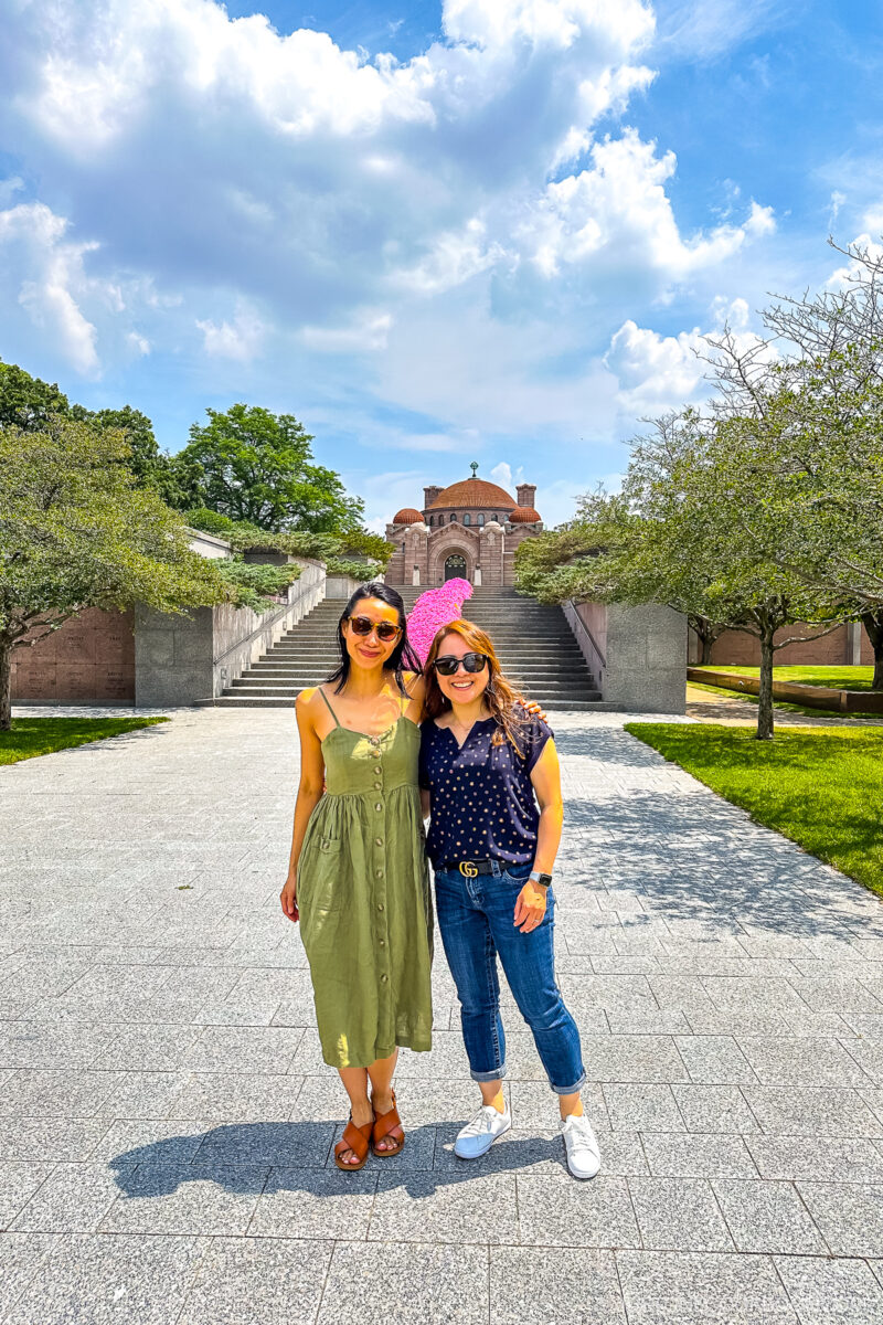 two women in front of the Lakewood memorial chapel