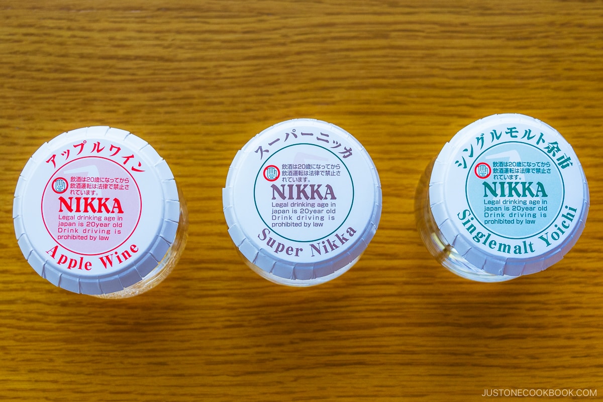 Top view of three different whiskys at the tasting bar