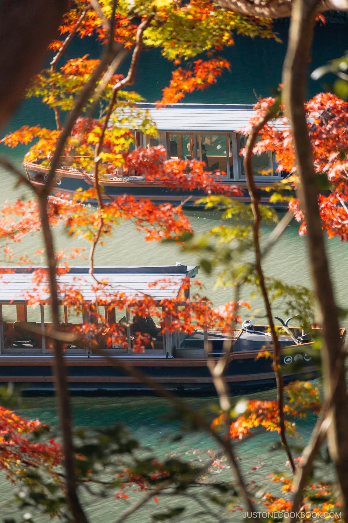 Boats cruising along the river with autumn leaves
