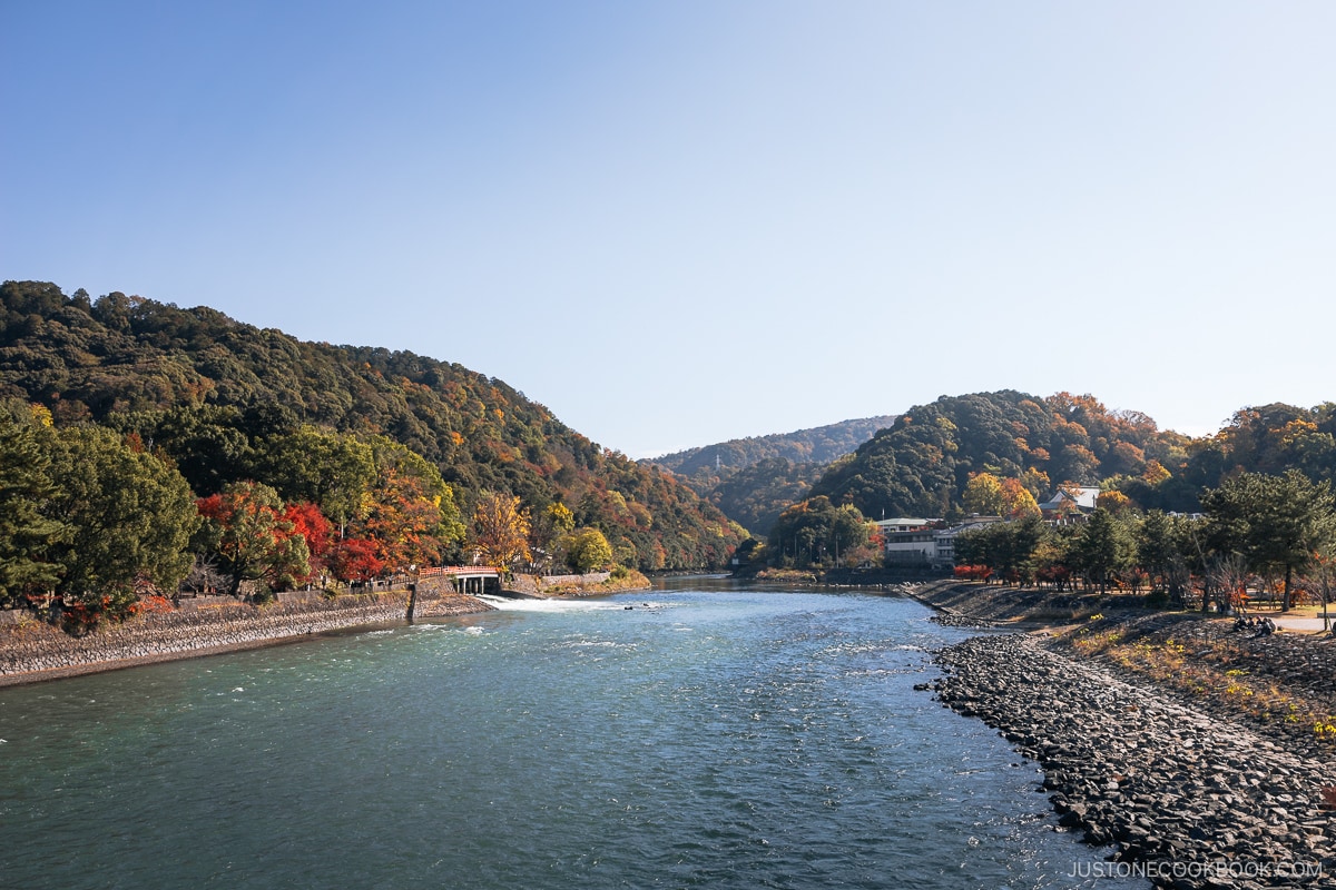 River leading into the moutnains with autumn leaves on a sunny day