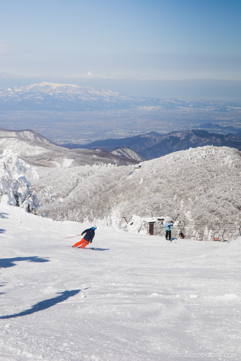 Skiers and snowboarders passing through the slopes lined with zao snow monsters