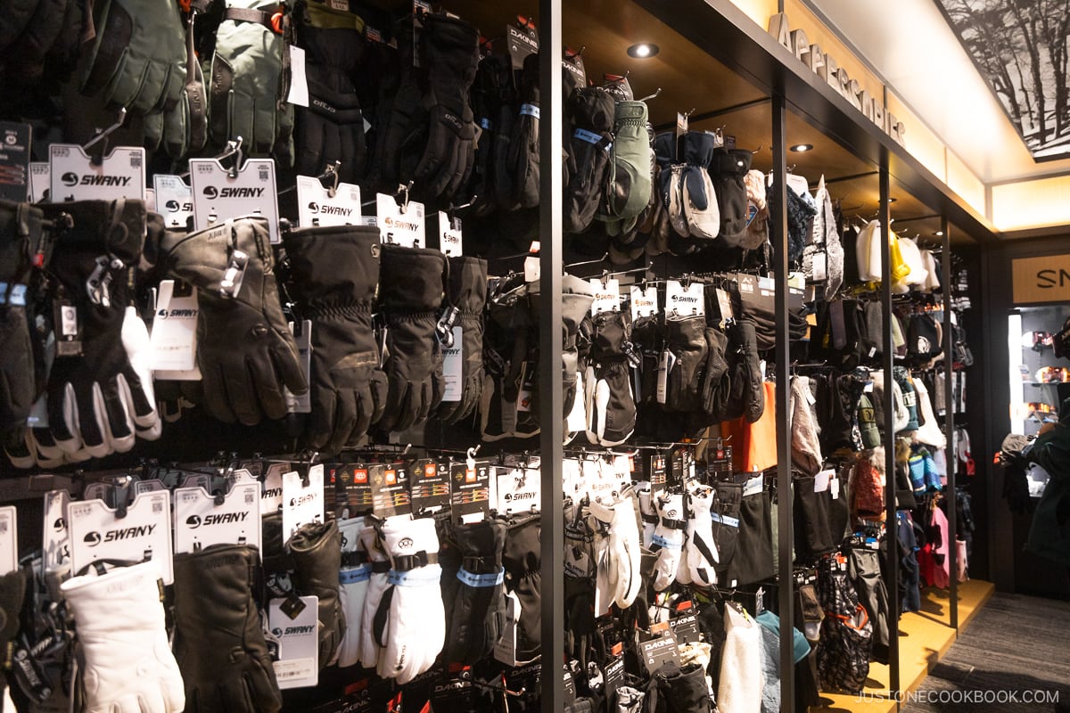 Hanazono ski shop selling winter sports gloves