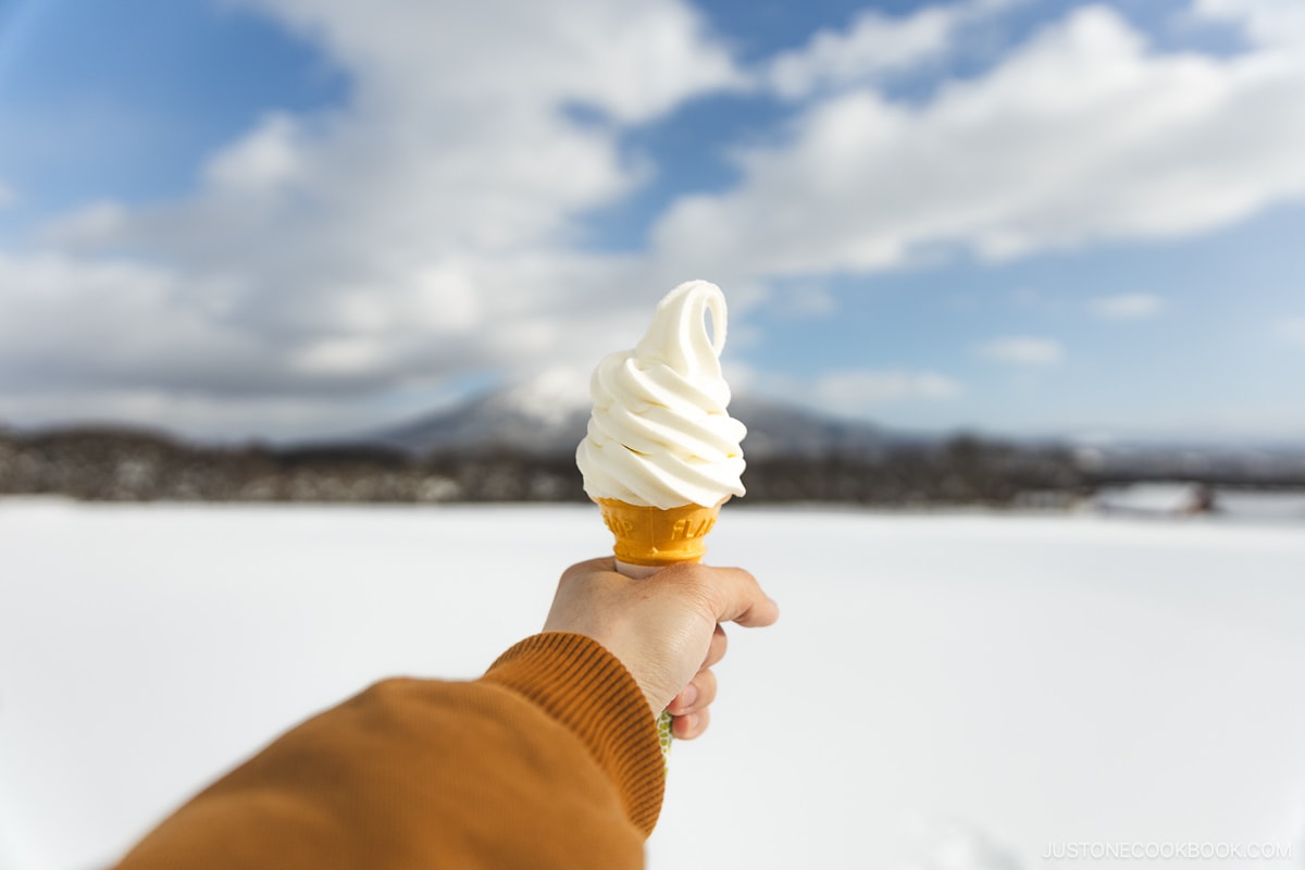 Takahashi Milk Farm milk ice cram with Mt Yotei in the background