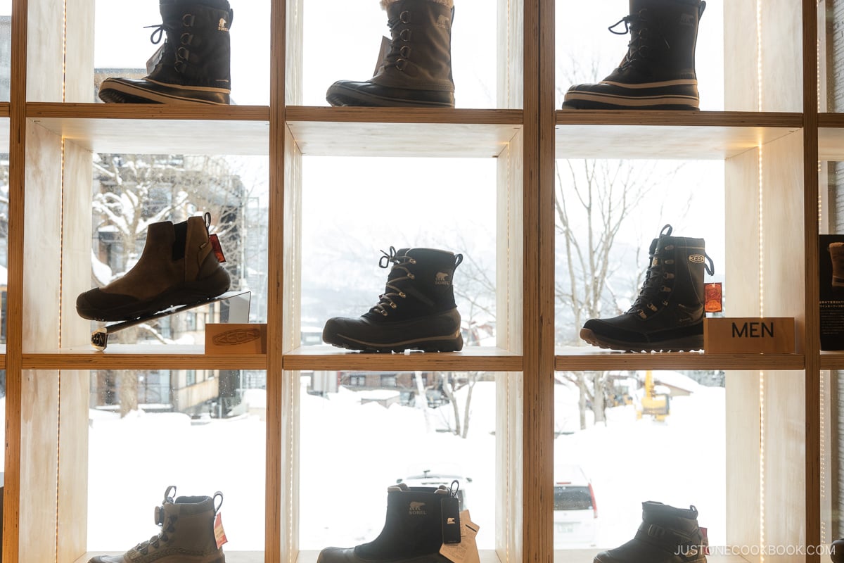 Rhythm shop in Niseko winter shoe display