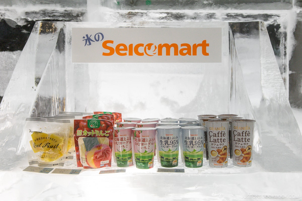 Snacks and drinks on a counter made of ice