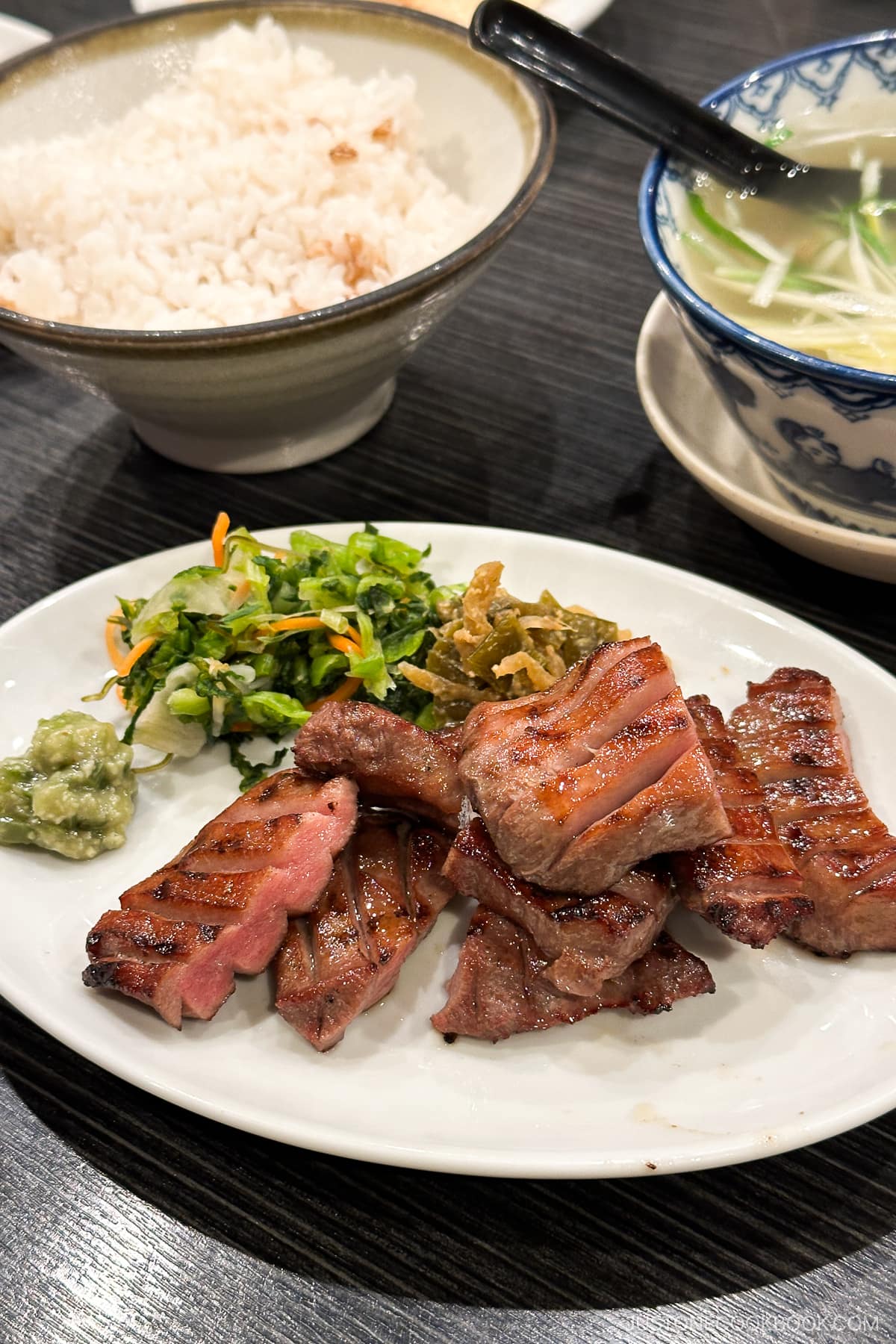 Sendai beef tongue with pickles. barley rice, and tail soup